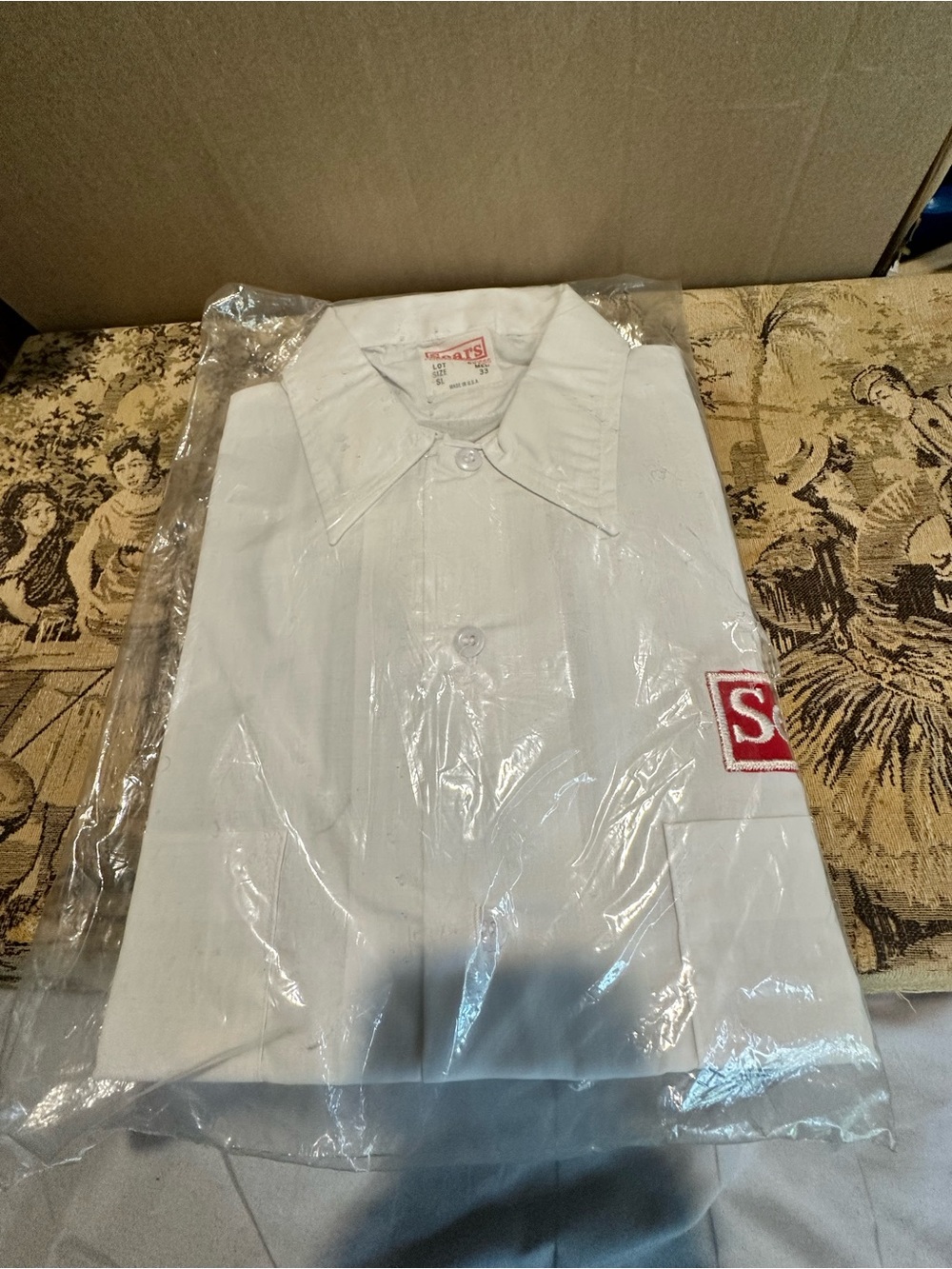 Sears White Button-Down Shirt with Red Sleeve Patch